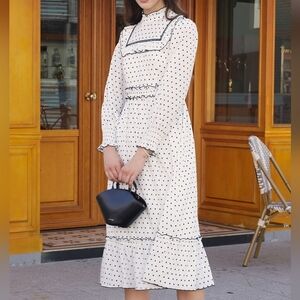 Simple Retro Rosalina Half Turtleneck Polka Dot Contrast Lace Panel Dress S